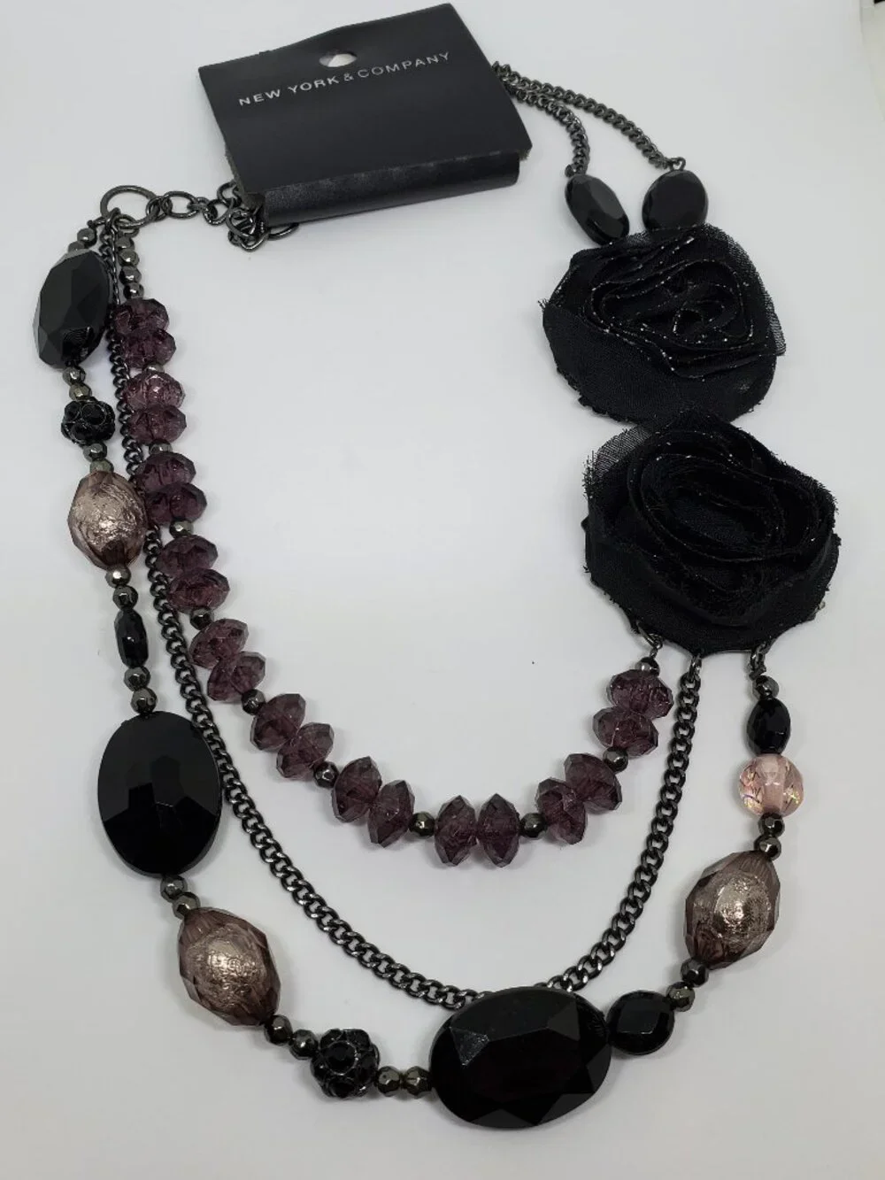 Black Organza Flower Purple Beaded Statement Triple Strand Statement Necklace
